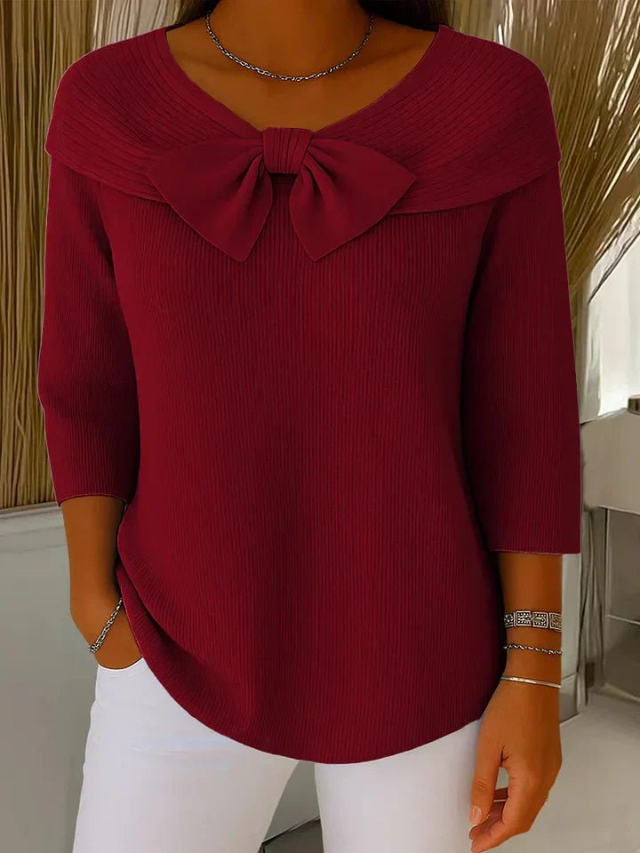 Ribbed Sweater Bow Detail V-Neck 3/4 Sleeve Knit Top - Red