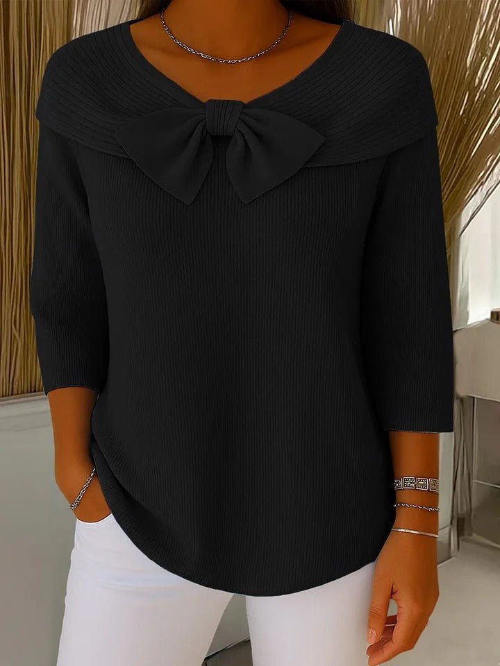 Ribbed Sweater Bow Detail V-Neck 3/4 Sleeve Knit Top - Black