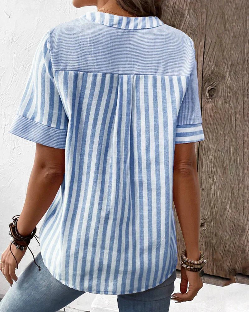 Striped Button-Up Blouse Cotton Short Sleeve Casual