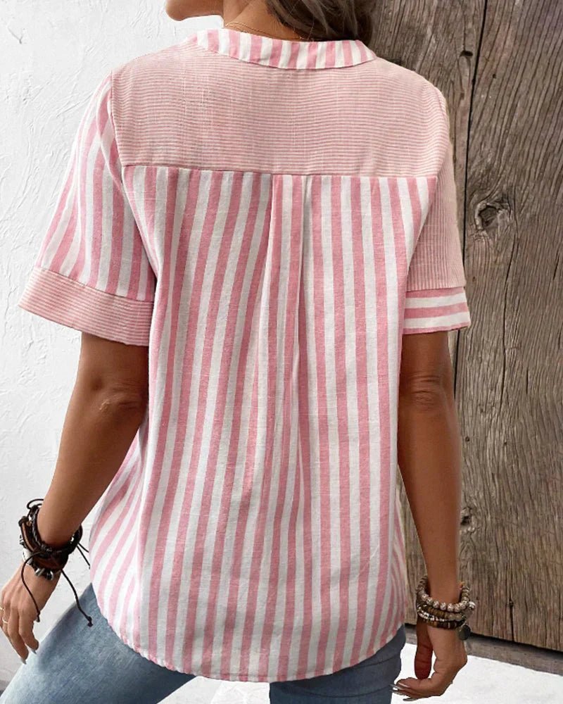 Striped Button-Up Blouse Cotton Short Sleeve Casual
