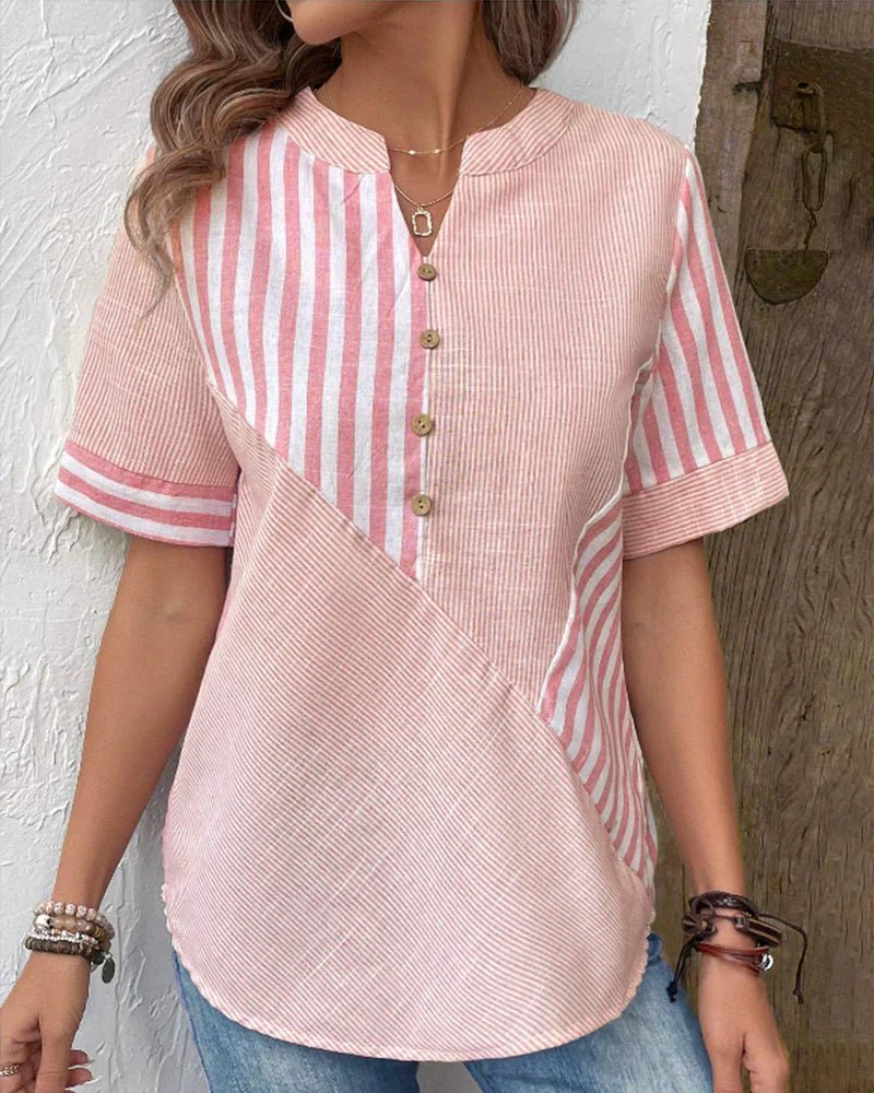 Striped Button-Up Blouse Cotton Short Sleeve Casual