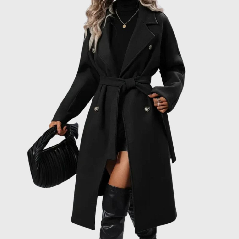 Trench Coat Women's Longline Winter Double Breasted Belted - Black