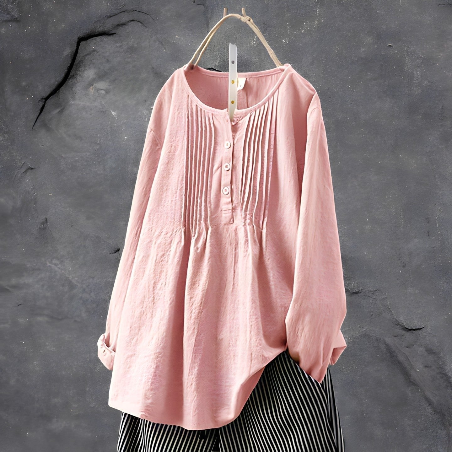Tunic Blouse Long Sleeve Pleated Front Tummy Covering - Pink