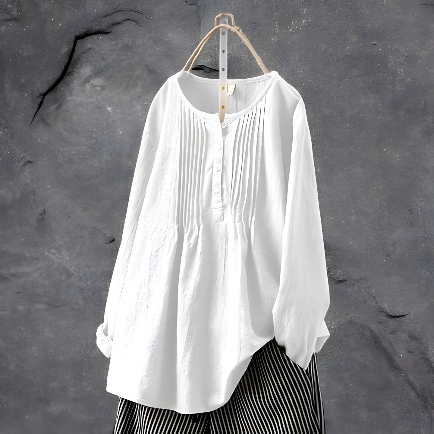 Tunic Blouse Long Sleeve Pleated Front Tummy Covering - White (Almost sold out)