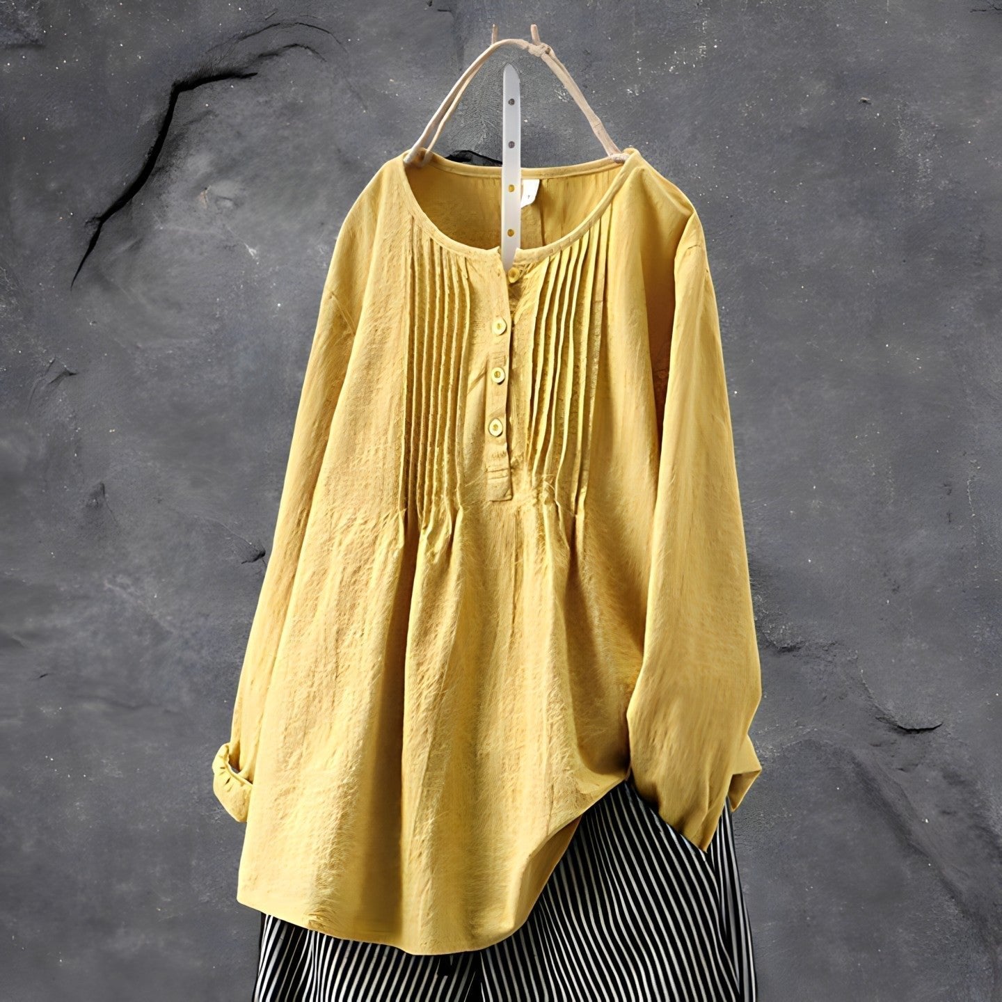 Tunic Blouse Long Sleeve Pleated Front Tummy Covering - Mustard