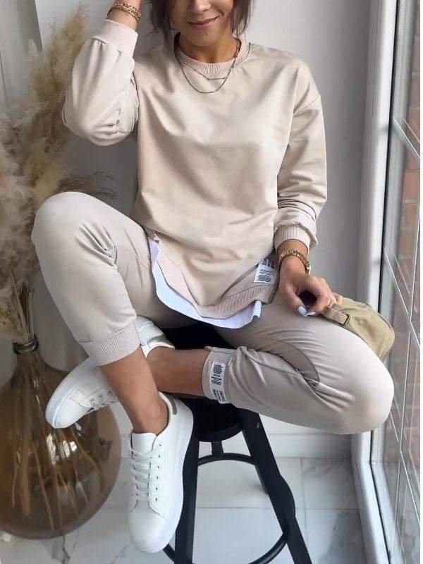 Two Piece Lounge Set Oversized Top Tapered Joggers - Khaki