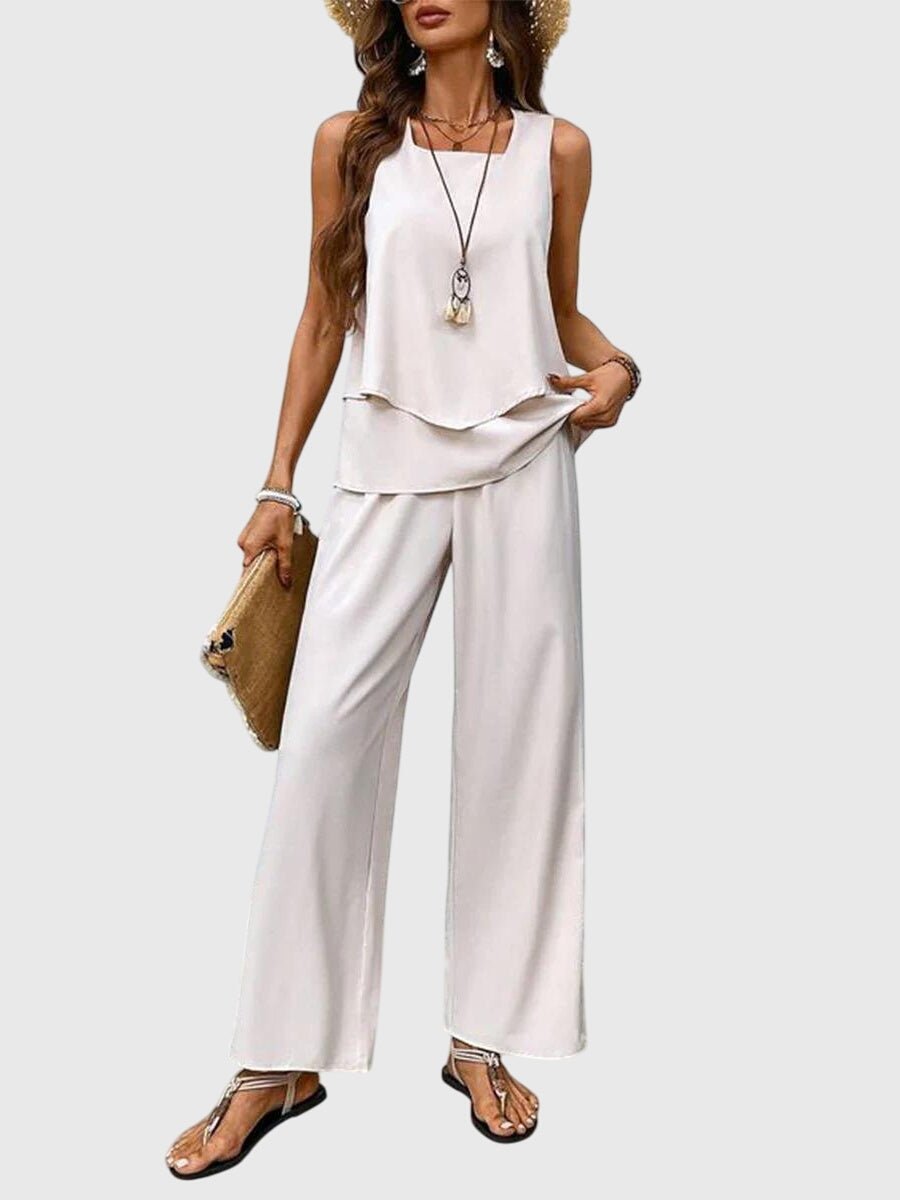 Two Piece Summer Set Sleeveless Top Wide Leg Pants - White