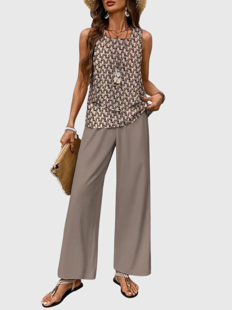 Two Piece Summer Set Sleeveless Top Wide Leg Pants - Khaki