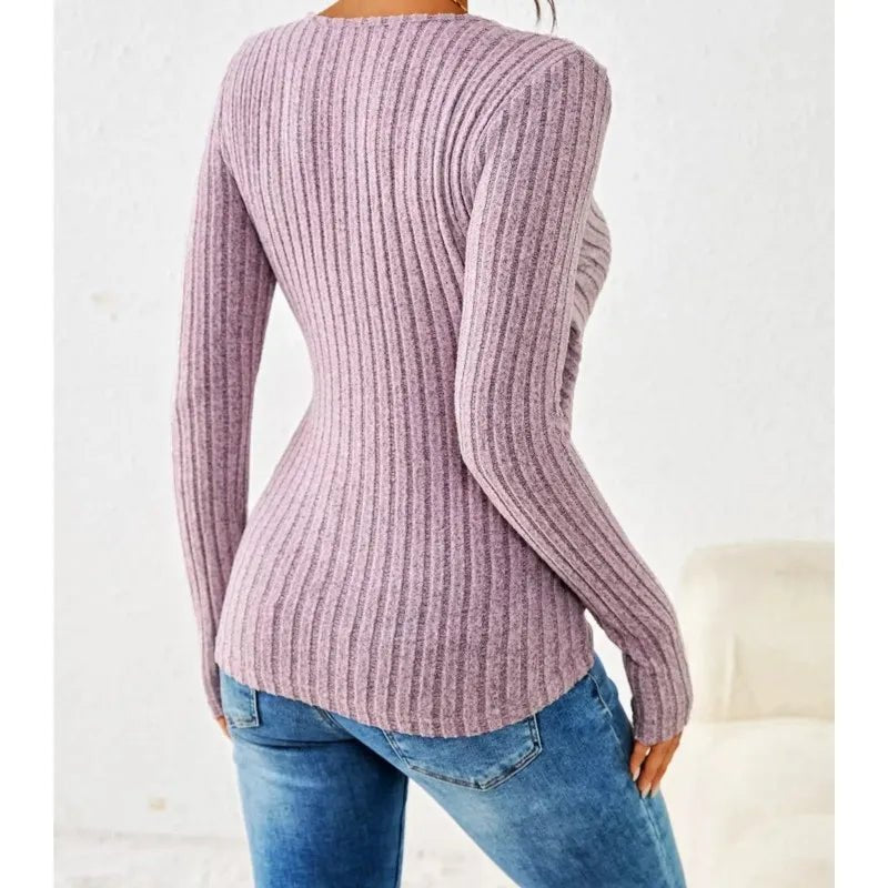 V-Neck Ribbed Top Long Sleeve Tummy Tucking Wrap