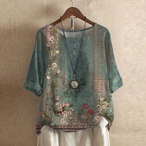 Vintage Floral Blouse Relaxed Fit Short Sleeve Top - Green
