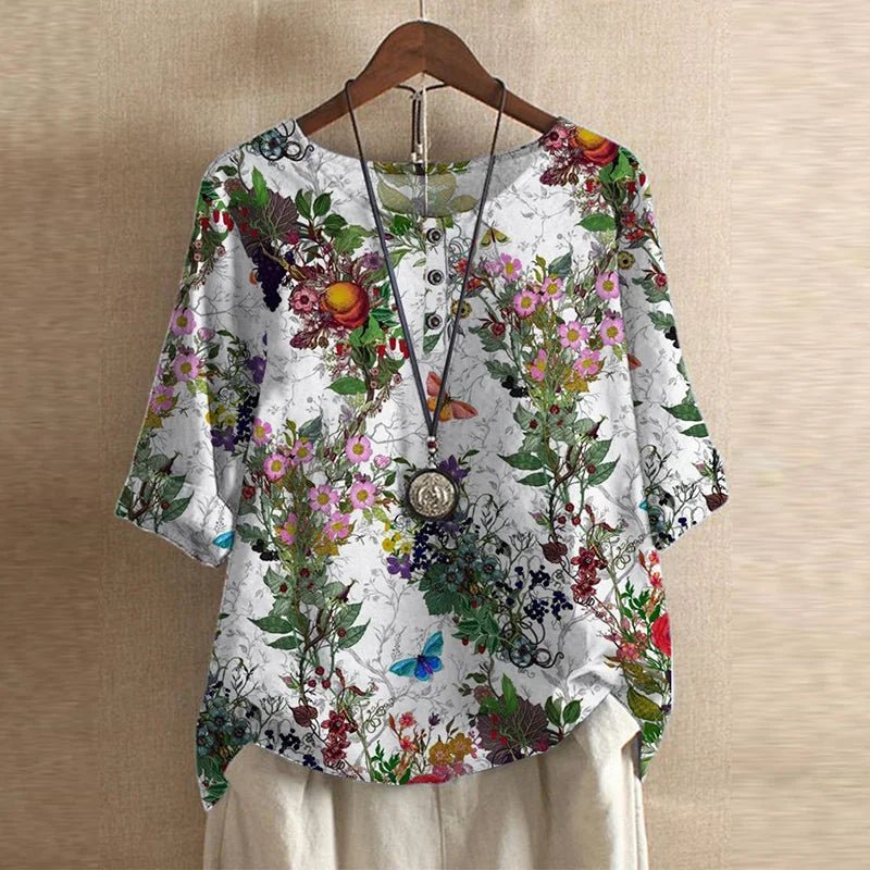 Vintage Floral Blouse Relaxed Fit Short Sleeve Top - White Flowers