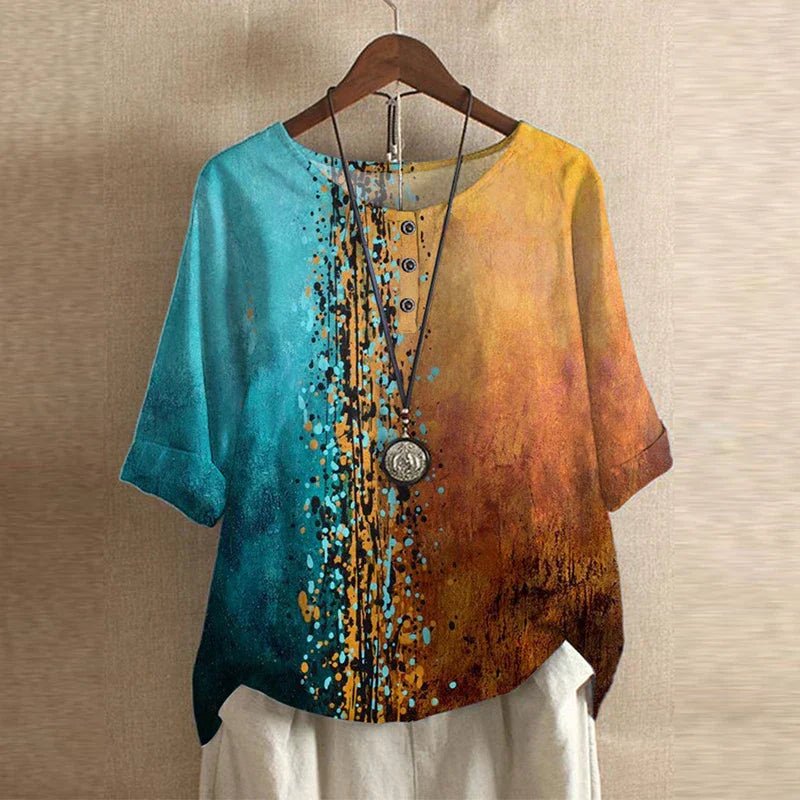 Vintage Floral Blouse Relaxed Fit Short Sleeve Top - Blue/Orange