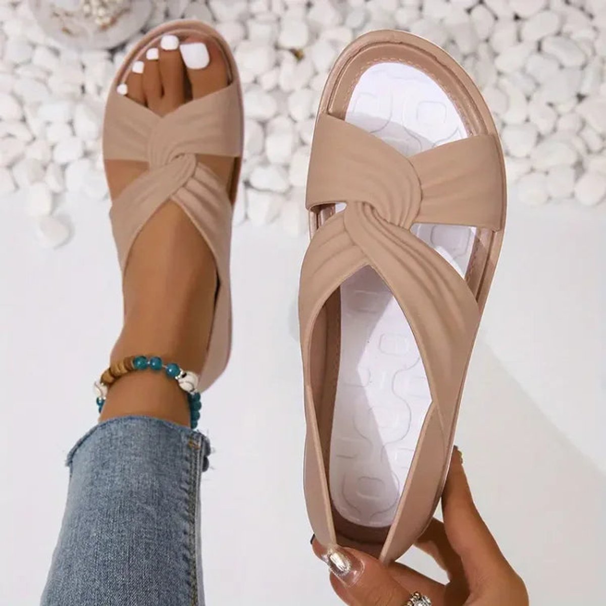 Women Comfort Sandals Orthopedic Slip-On Twisted Strap Flats - Beige