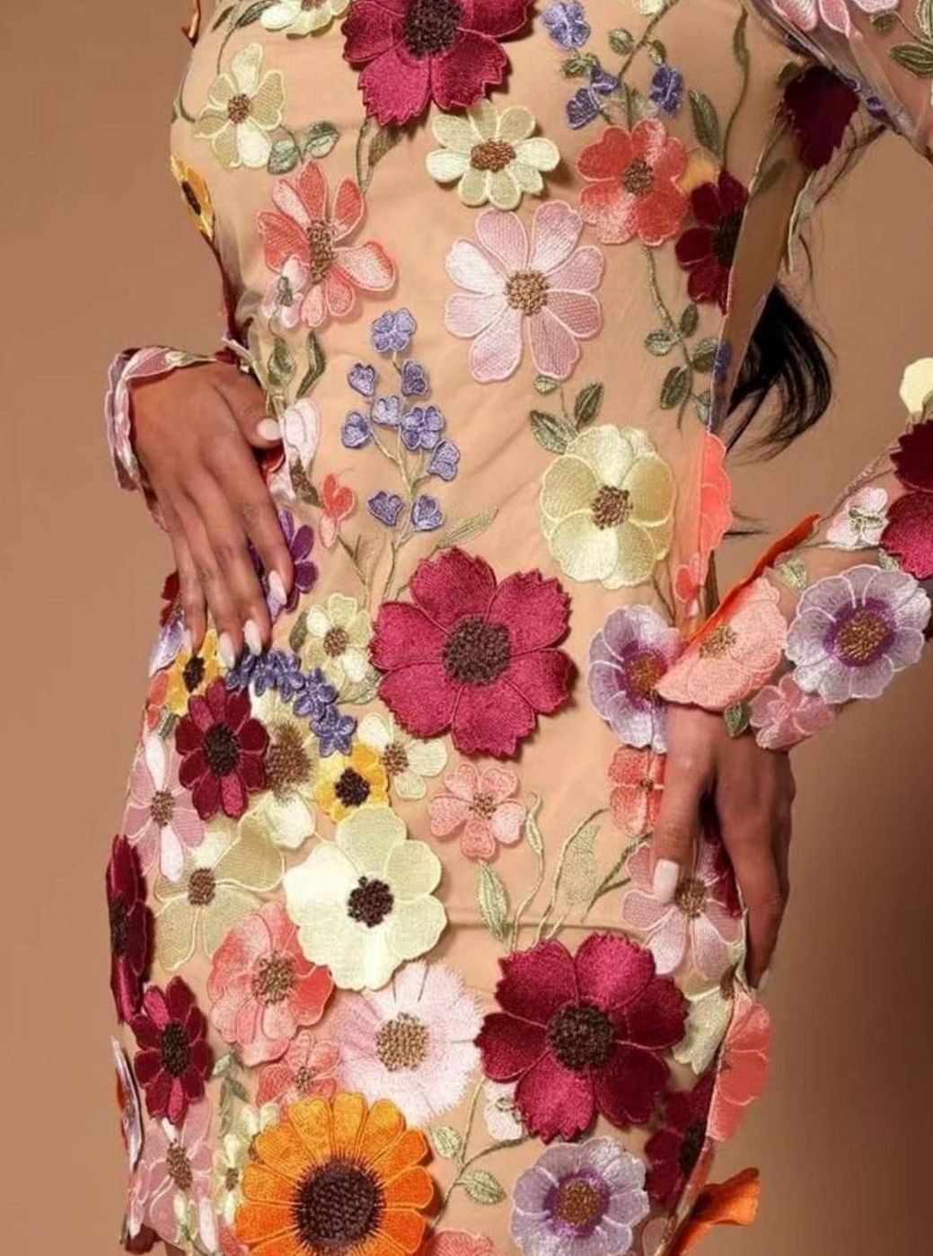 Women's 3D Floral Embroidered Long-Sleeve Mini Dress