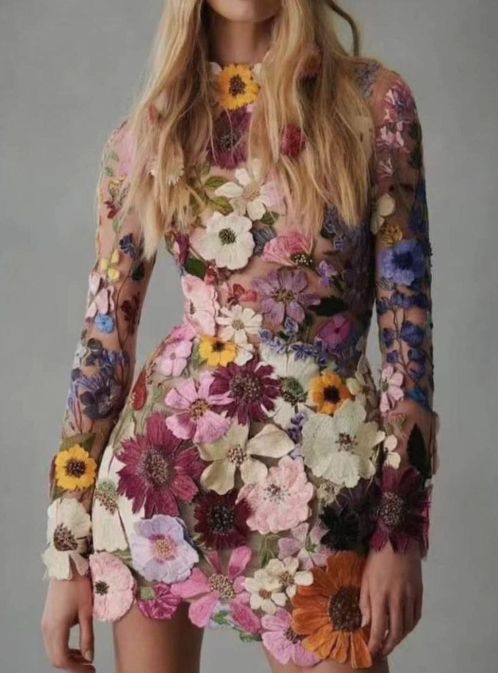 Women's 3D Floral Embroidered Long-Sleeve Mini Dress