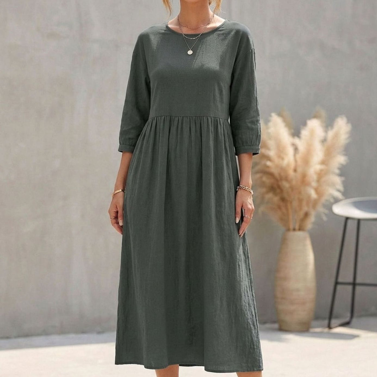 Women's A-Line Empire Waist 3/4 Sleeve Midi Dress - Grey Green