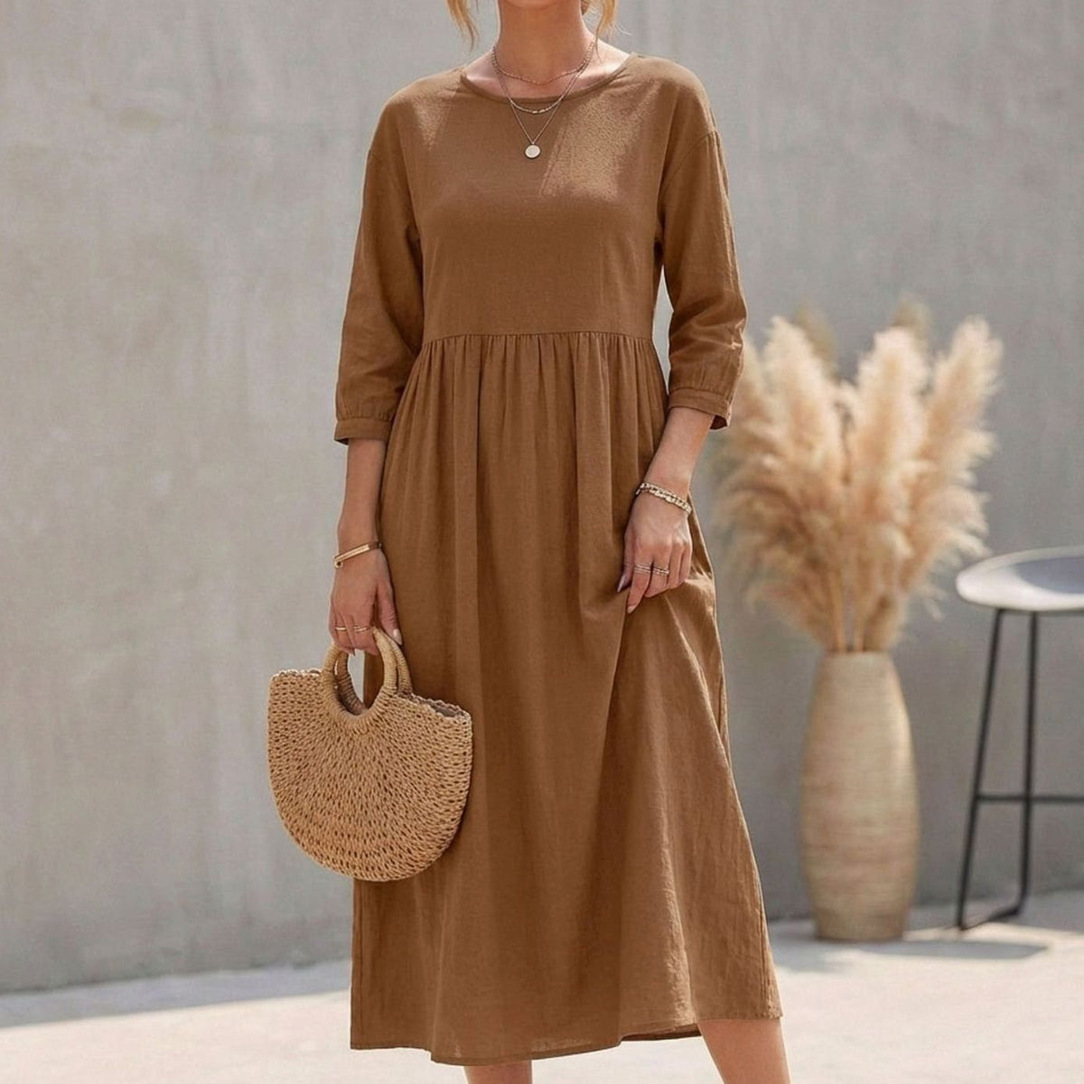Women's A-Line Empire Waist 3/4 Sleeve Midi Dress - Brown