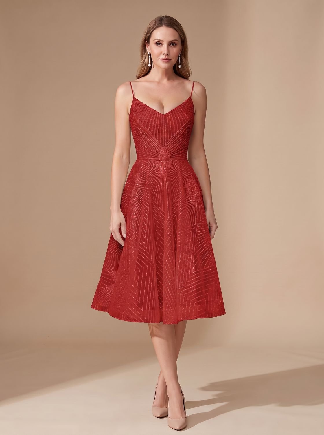 Women's A-Line Spaghetti Strap Lace Midi Cocktail Dress - Red