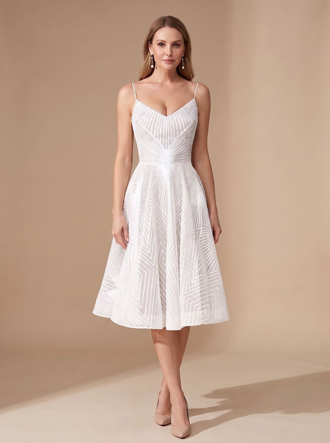 Women's A-Line Spaghetti Strap Lace Midi Cocktail Dress - Beige