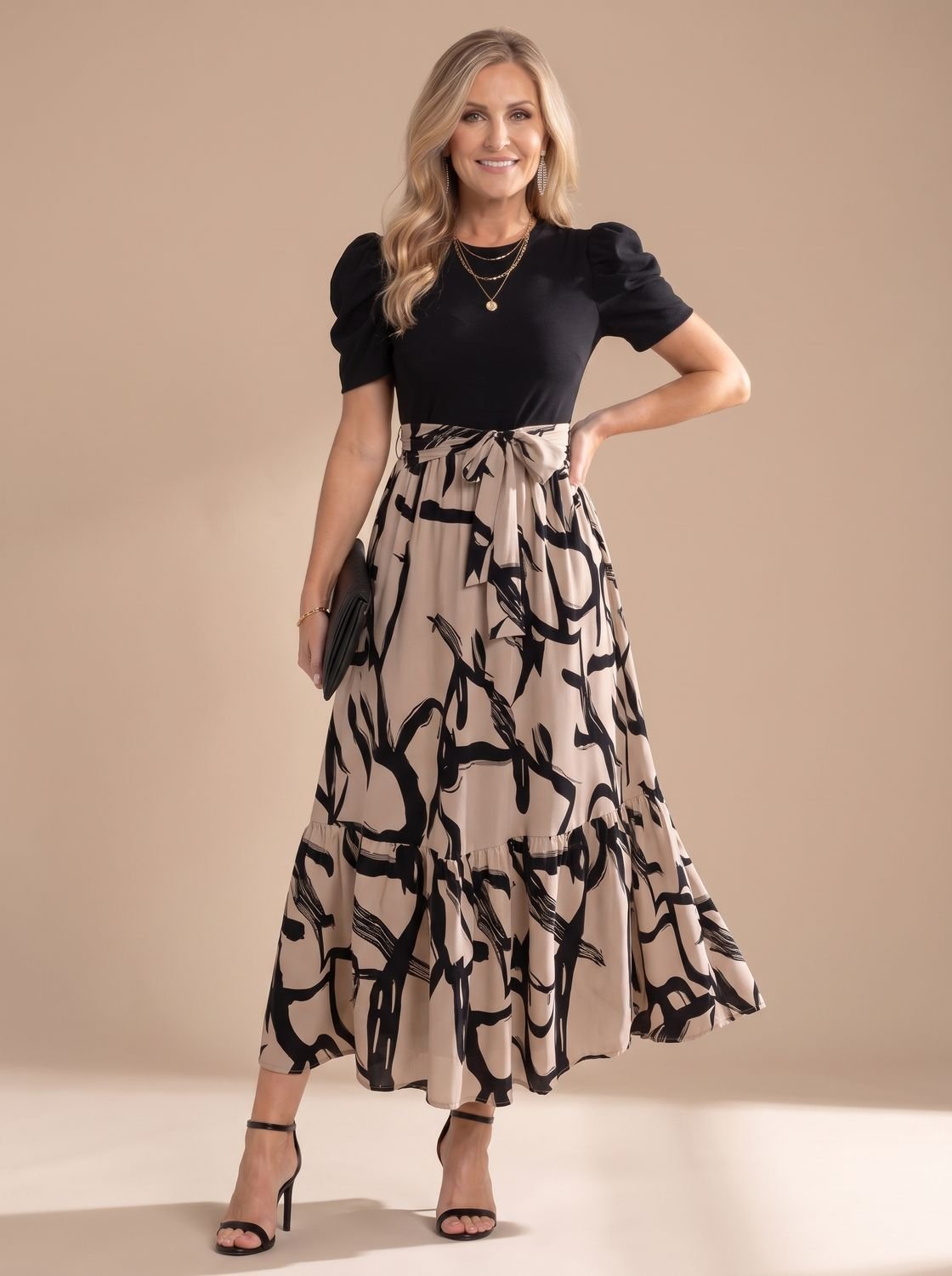 Women's Abstract Print Puff-Sleeve Defined-Waist Floral Maxi Dress - Black & Beige