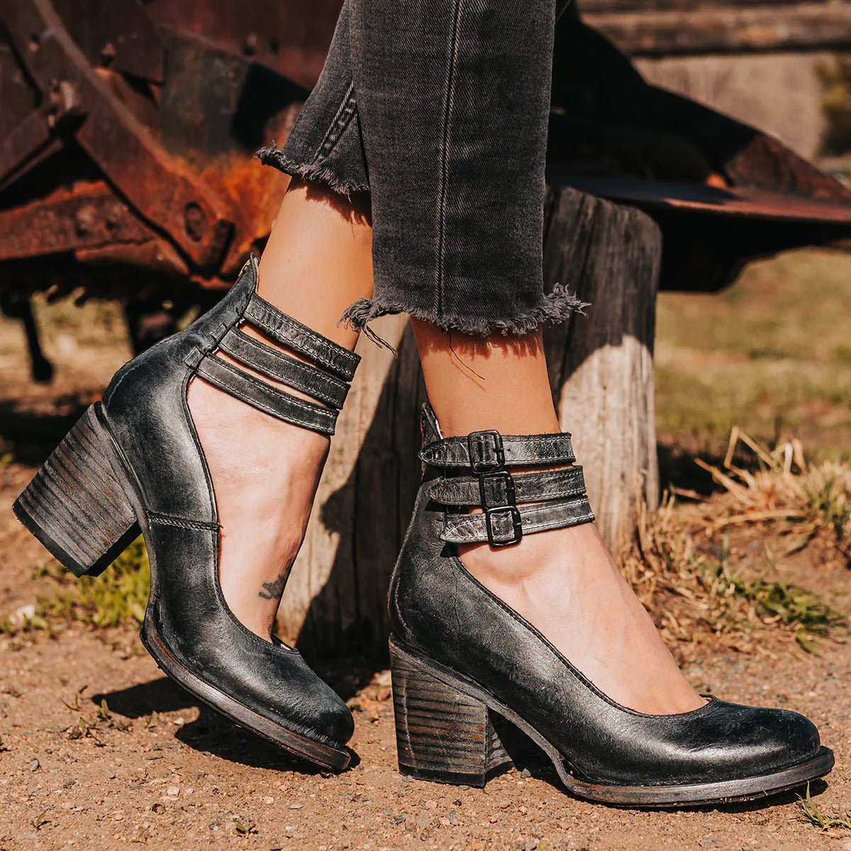 Women's Ankle Boots Block Heel Strappy Leather - Black