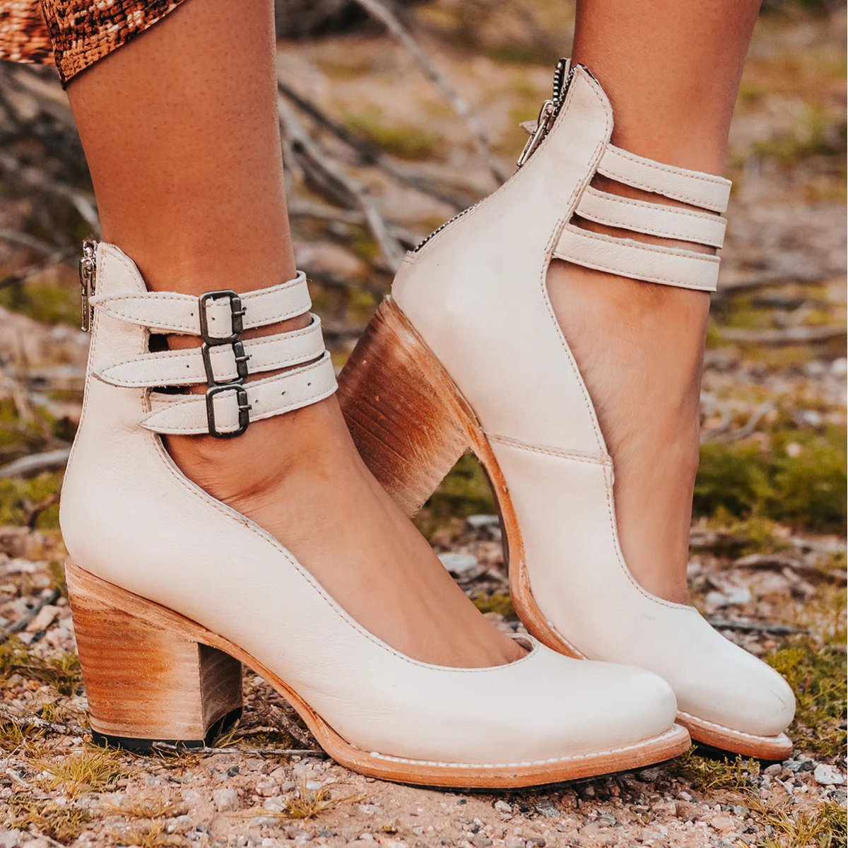 Women's Ankle Boots Block Heel Strappy Leather - White