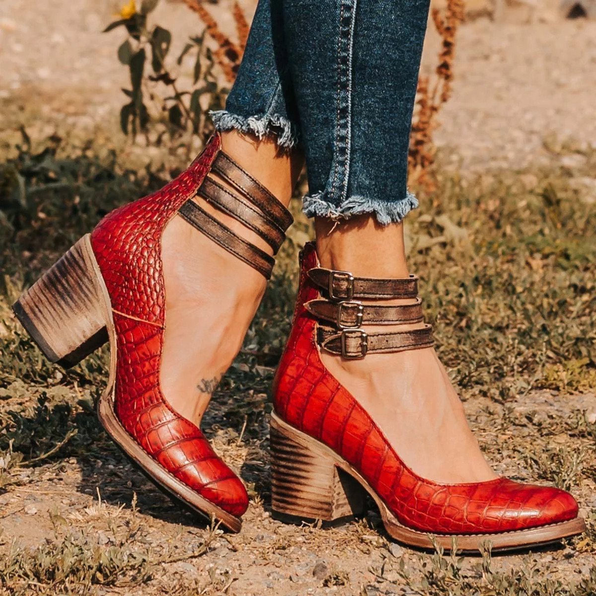 Women's Ankle Boots Block Heel Strappy Leather - Red snake