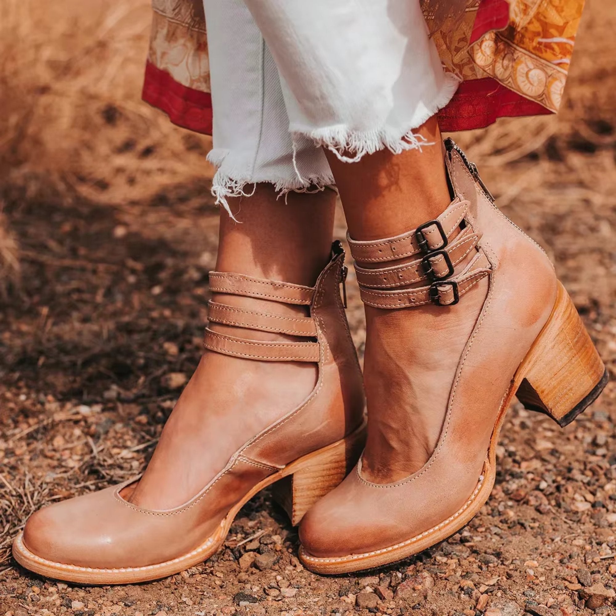 Women's Ankle Boots Block Heel Strappy Leather - Beige (Sold Out)