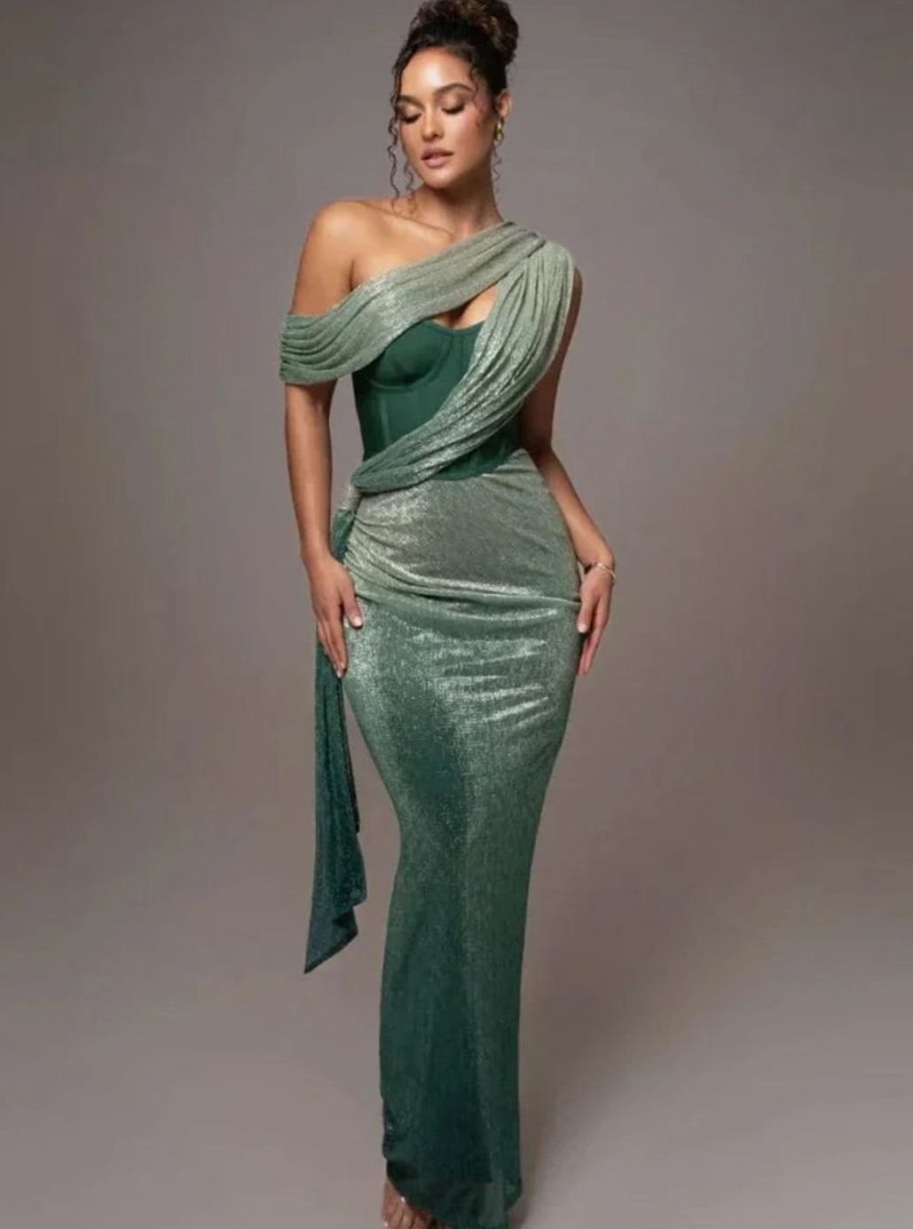 Women's Asymmetric One-Shoulder Sequin Maxi Evening Dress - Green
