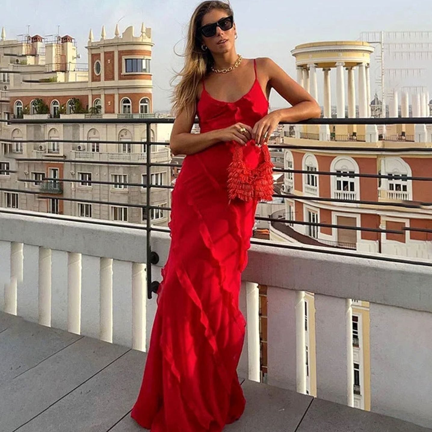 Women's Asymmetric Ruffle Spaghetti-Strap Formal Maxi Dress