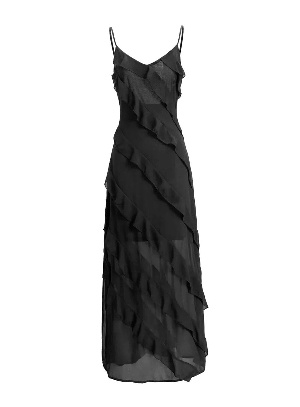 Women's Asymmetric Ruffle Spaghetti-Strap Formal Maxi Dress