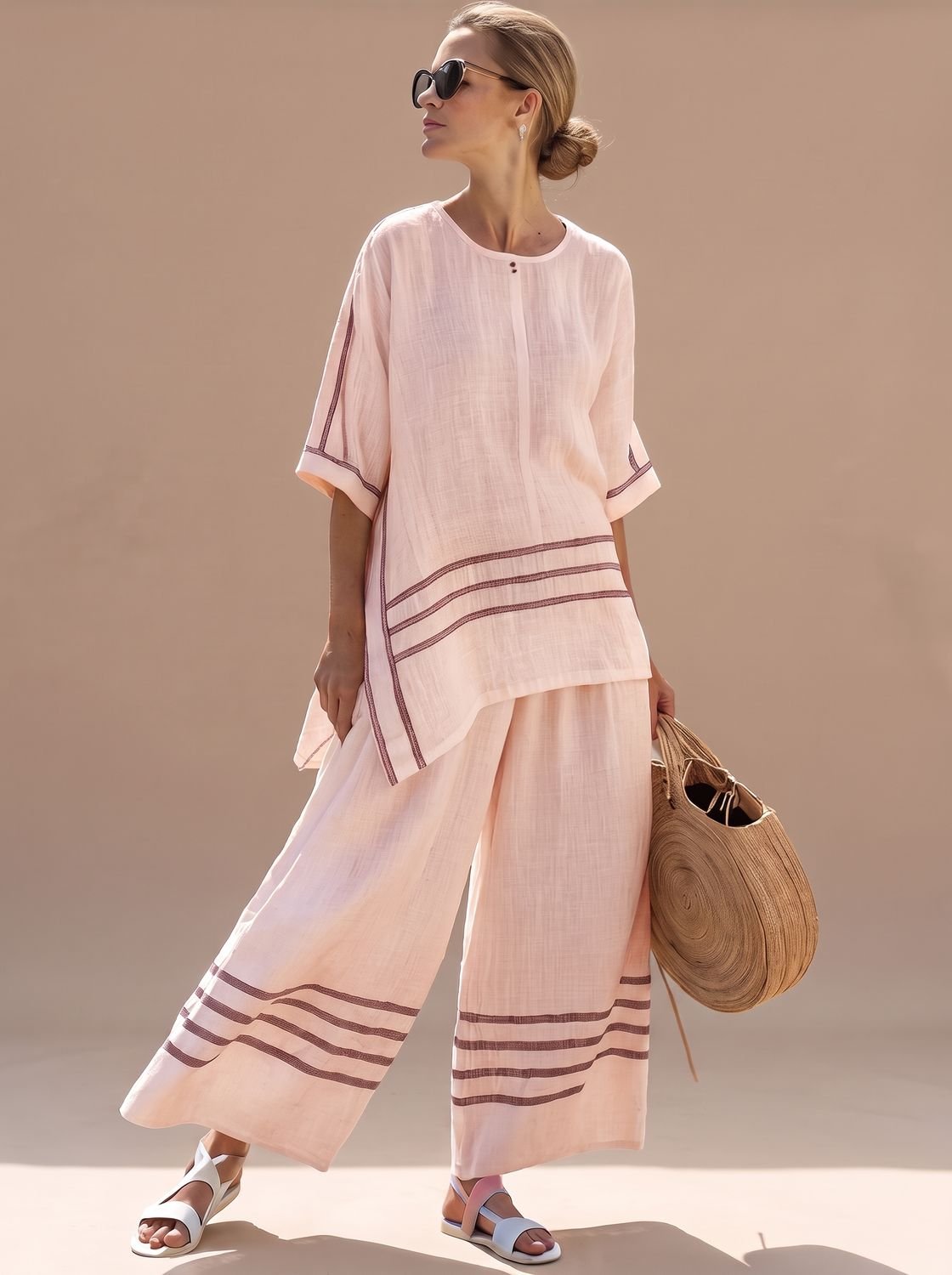 Women's Asymmetrical Striped Blouse Wide-Leg Pants Set - Pink