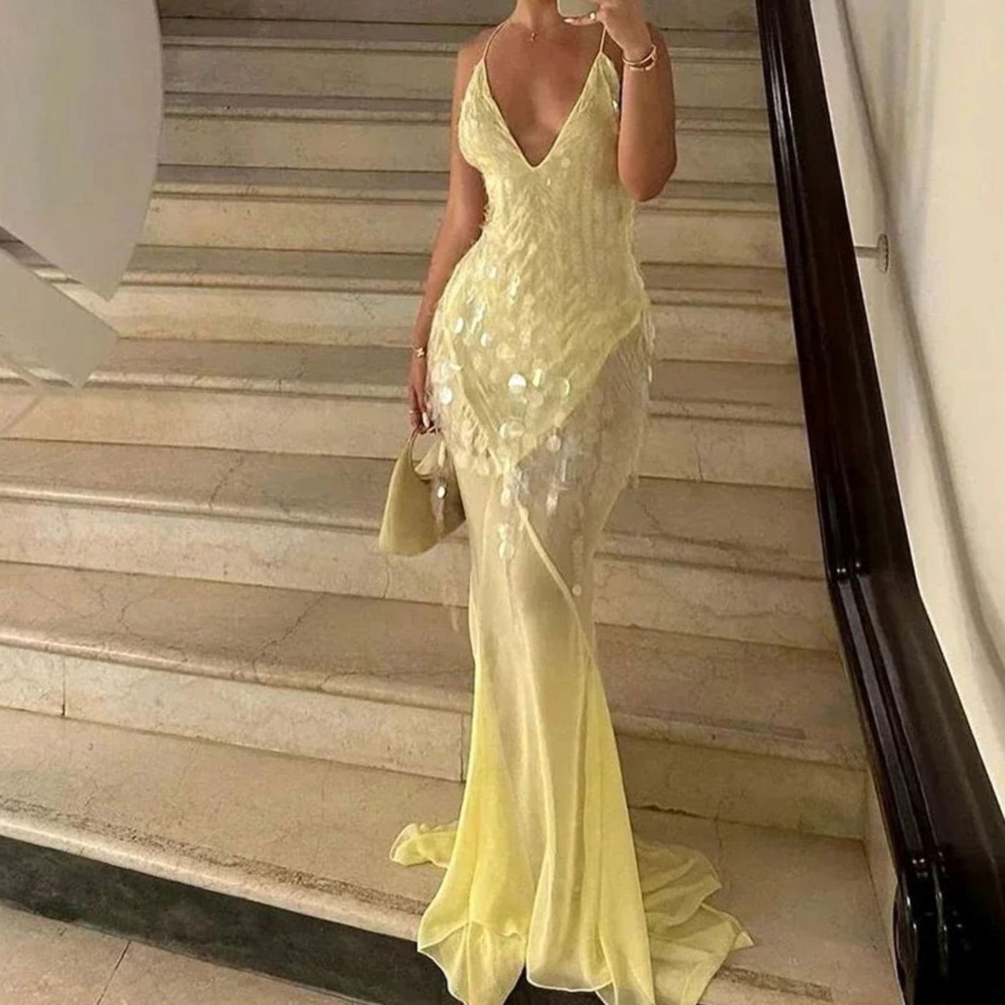 Women's Backless Crossover V-Neck Sequin Dress Maxi - Yellow