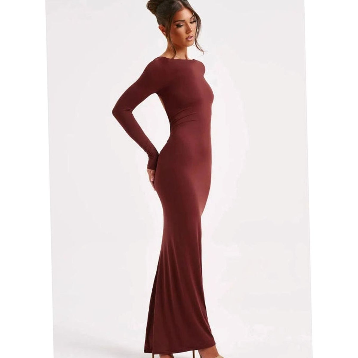 Women's Backless Long-Sleeve Fitted Maxi Wedding Guest Dress