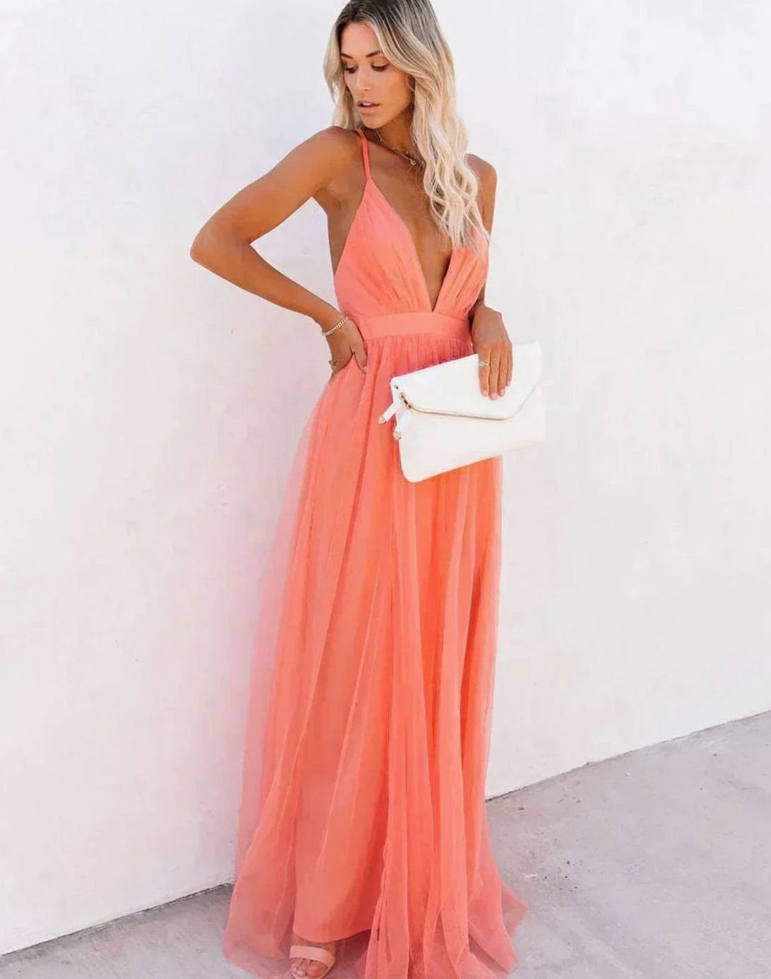 Women's Backless Tulle Maxi Wedding Guest Dress Thin Straps