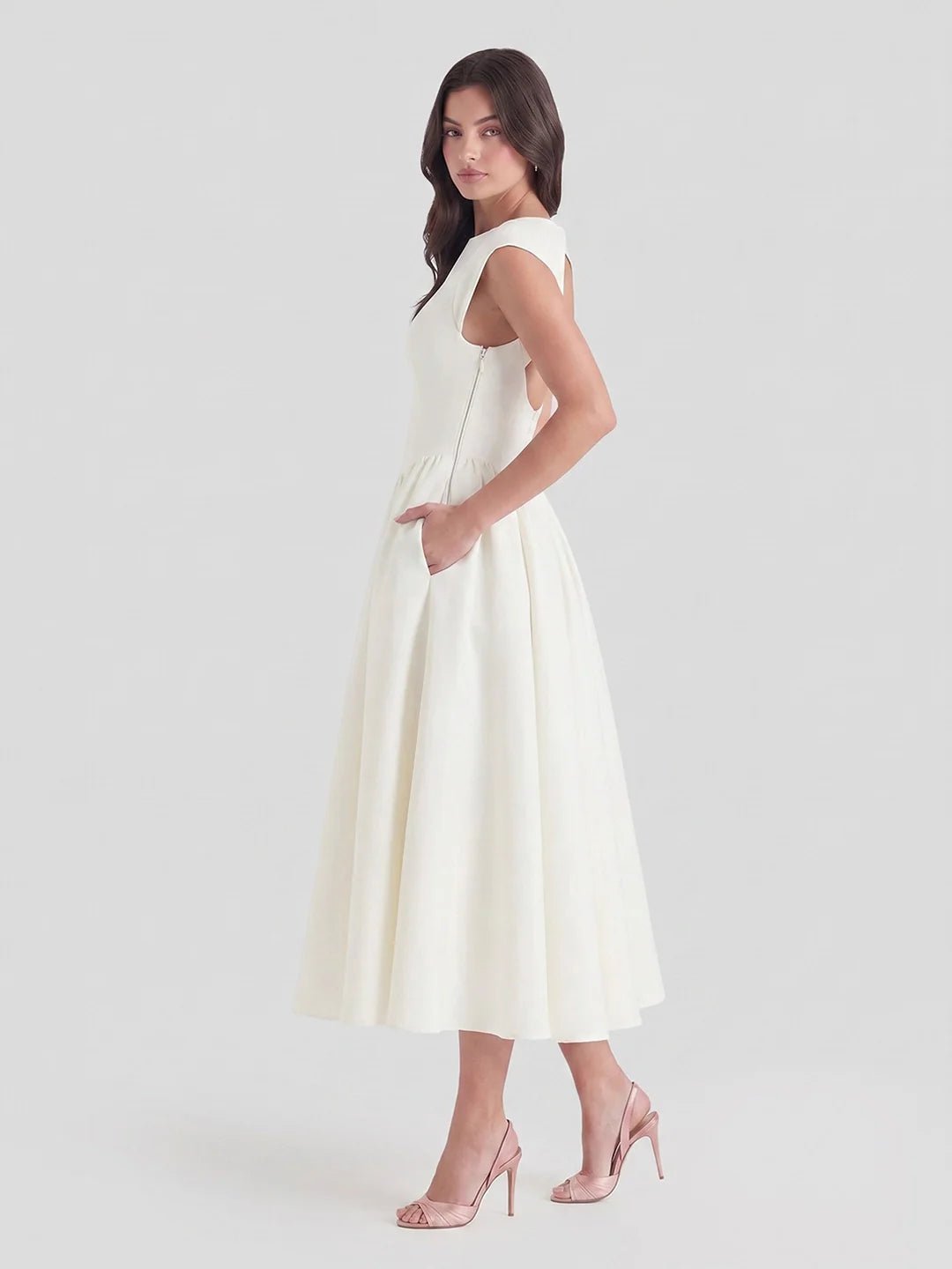 Women's Bateau Neck Cap Sleeve Satin Full Skirt Midi Dress
