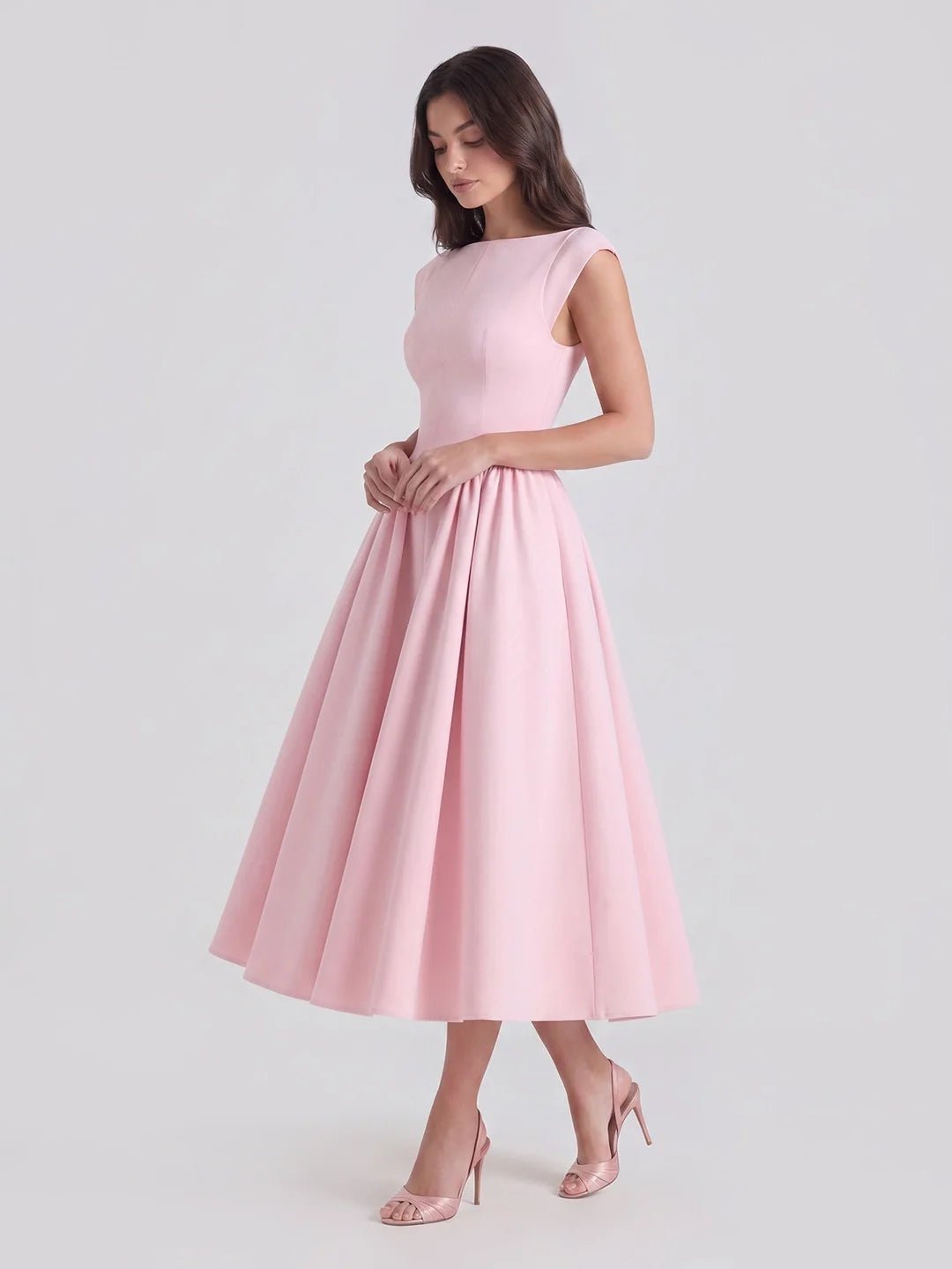 Women's Bateau Neck Cap Sleeve Satin Full Skirt Midi Dress - Soft Pink