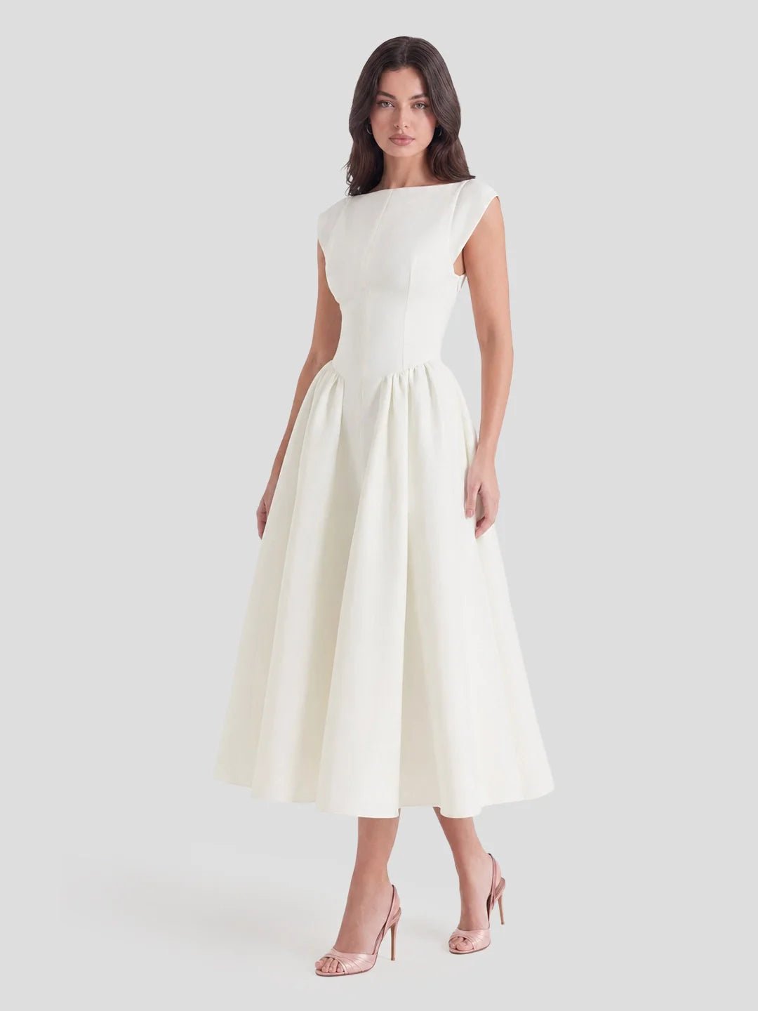 Women's Bateau Neck Cap Sleeve Satin Full Skirt Midi Dress - Ivory