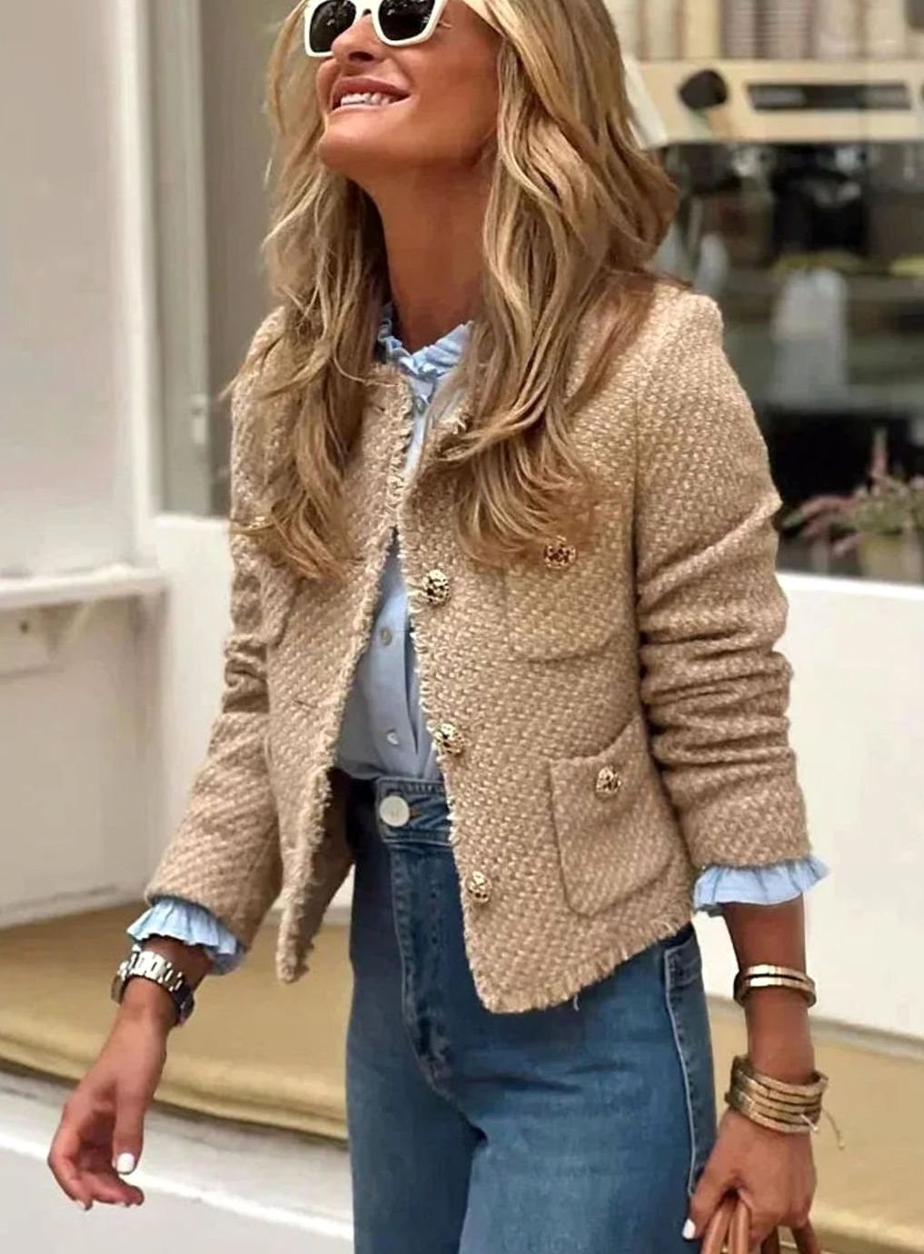 Women's Beige Tweed Blazer Gold-Button Cropped Jacket - Light Brown