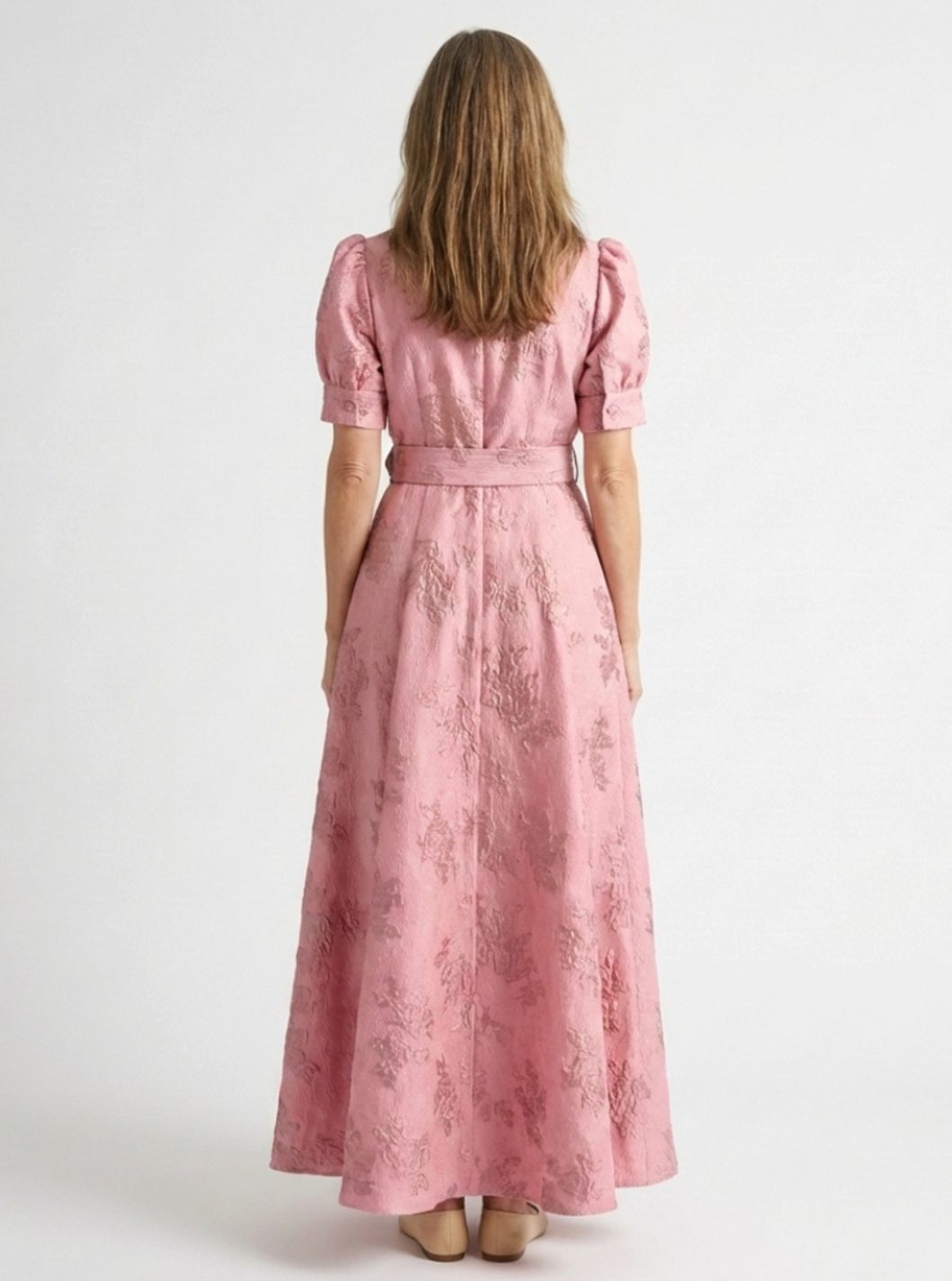 Women's Belted Floral Jacquard Maxi Spring Dress Shirt Collar