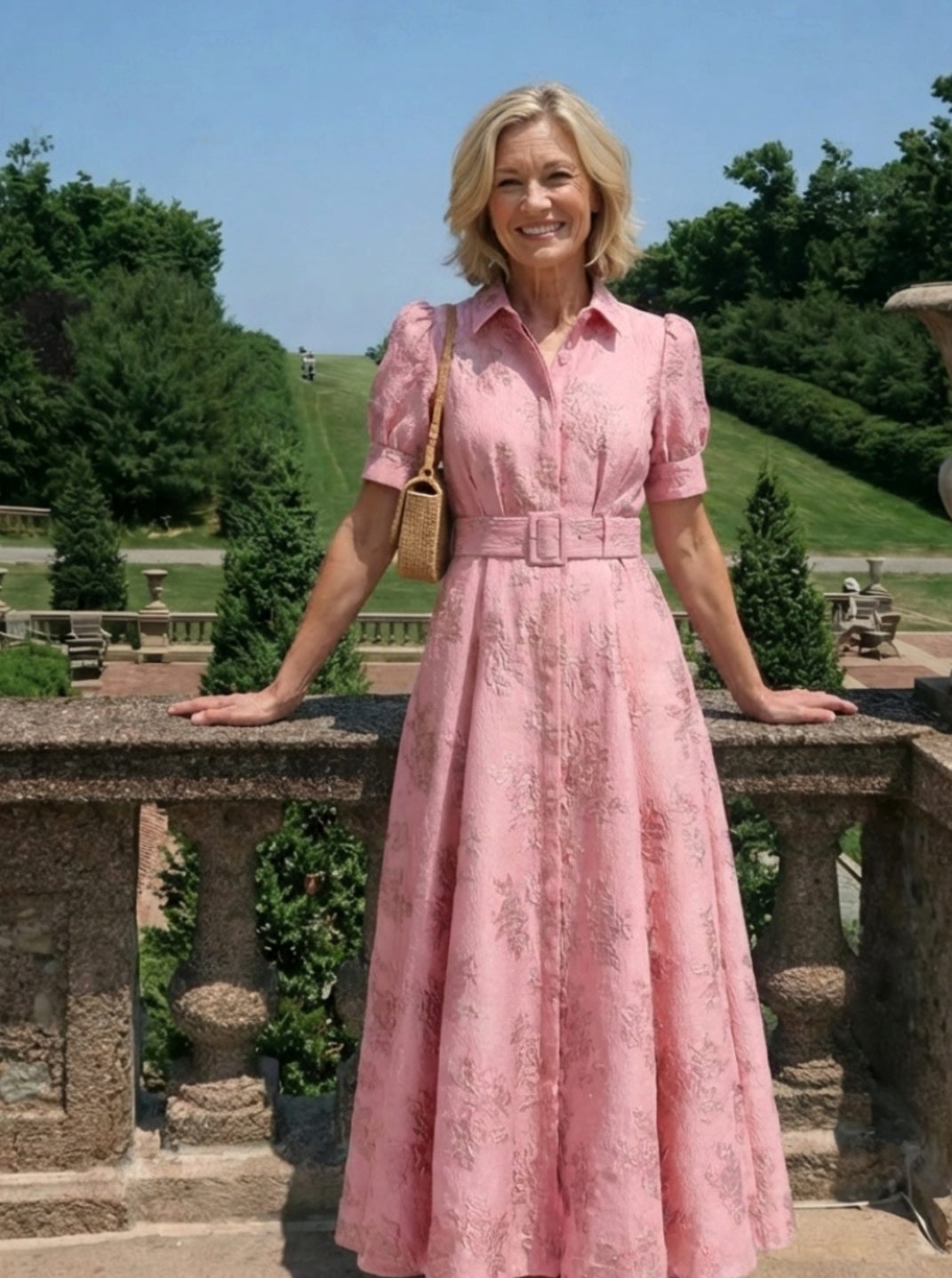Women's Belted Floral Jacquard Maxi Spring Dress Shirt Collar