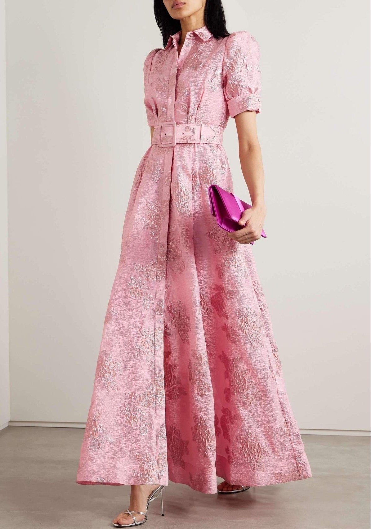 Women's Belted Floral Jacquard Puff-Sleeve Formal Dress A-Line Maxi Gown