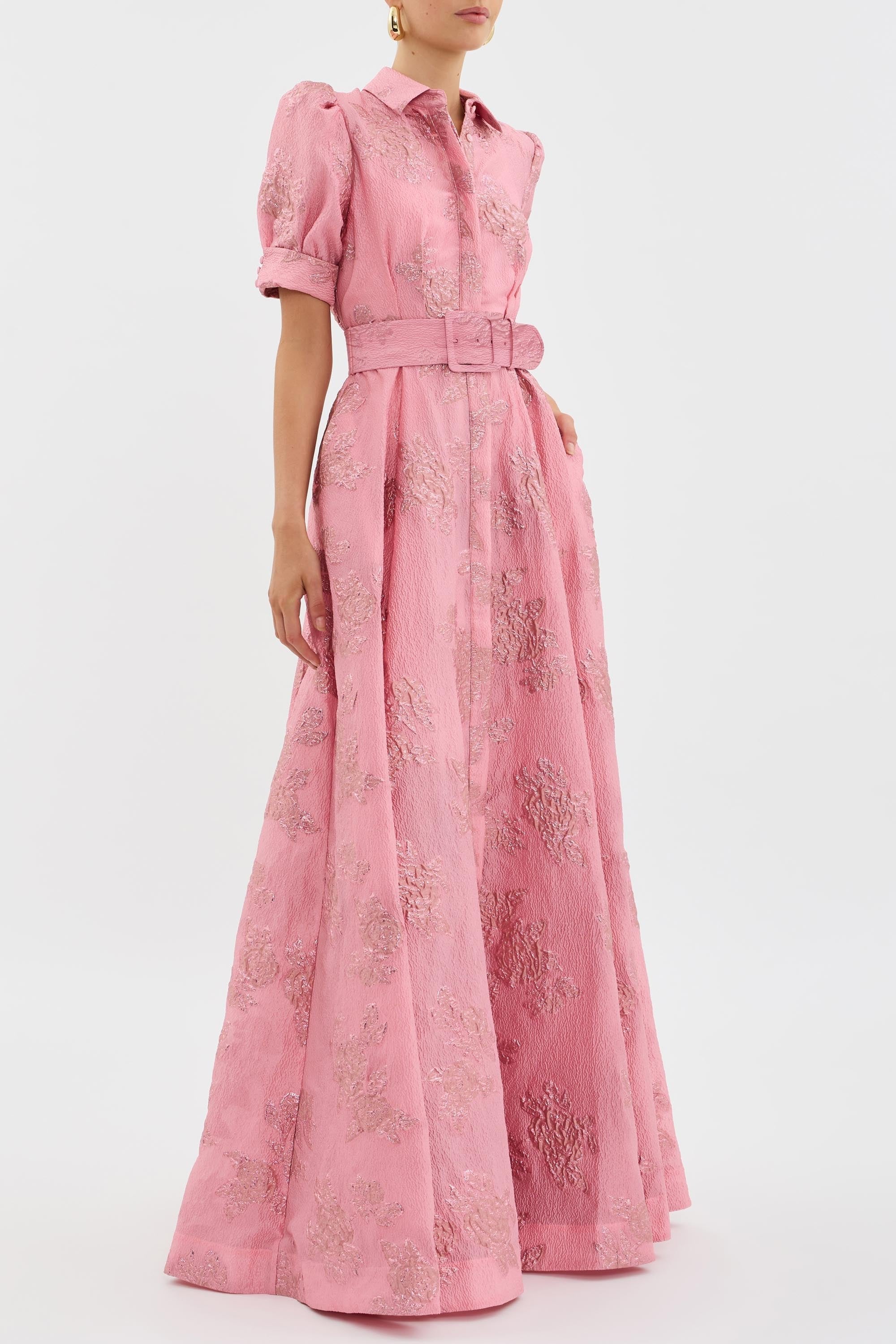 Women's Belted Floral Jacquard Puff-Sleeve Formal Dress A-Line Maxi Gown