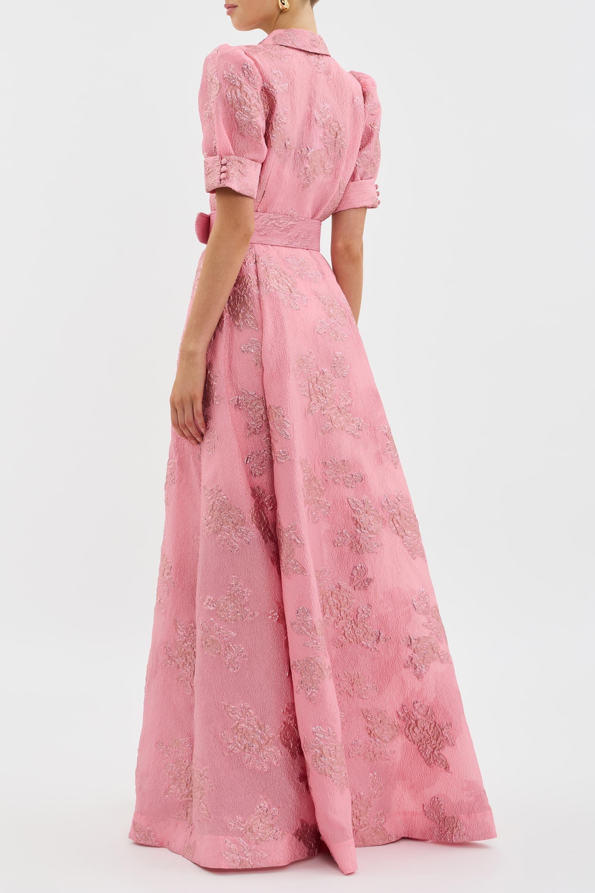 Women's Belted Floral Jacquard Puff-Sleeve Formal Dress A-Line Maxi Gown