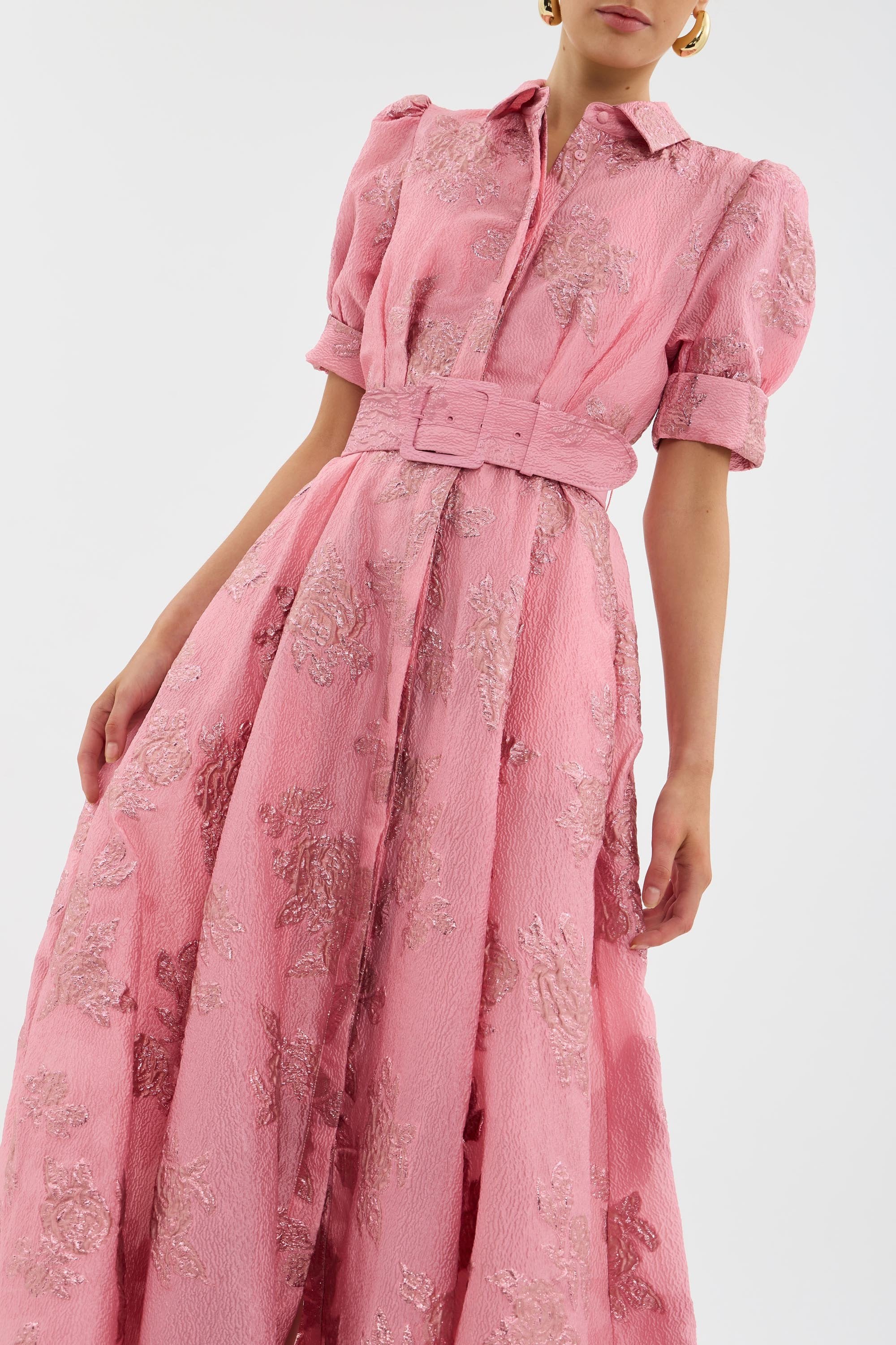 Women's Belted Floral Jacquard Puff-Sleeve Formal Dress A-Line Maxi Gown