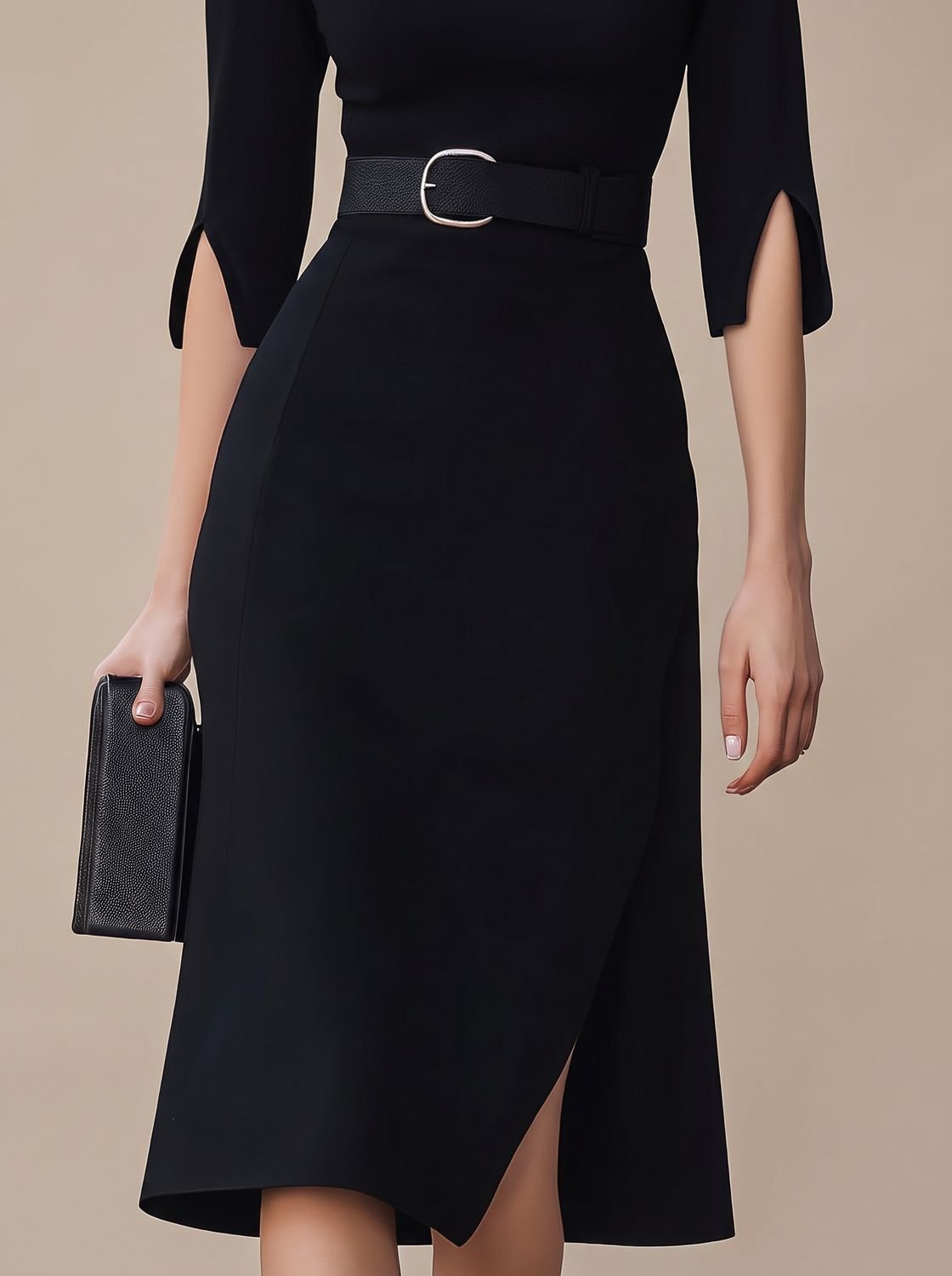 Women's Belted High-Neck Black Midi Dress Asymmetric Hem