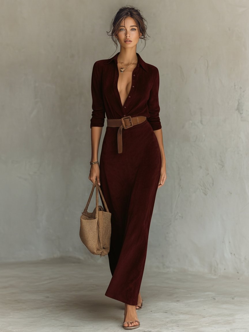 Women's Belted Suede-Look Lapel-Collar Maxi Dress - Wine Red