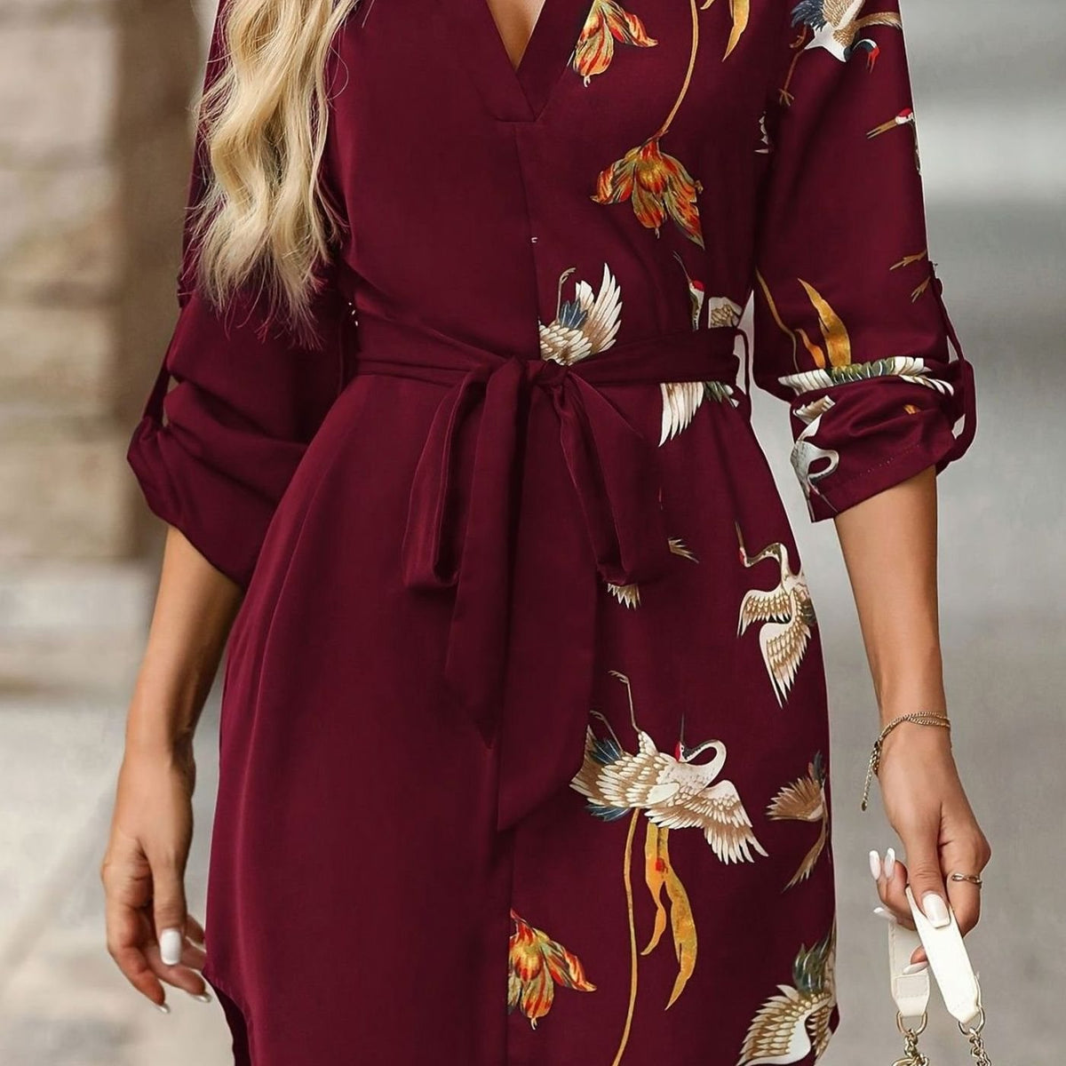 Women's Belted V-Neck Crane Print Mini Shirt Dress - Red