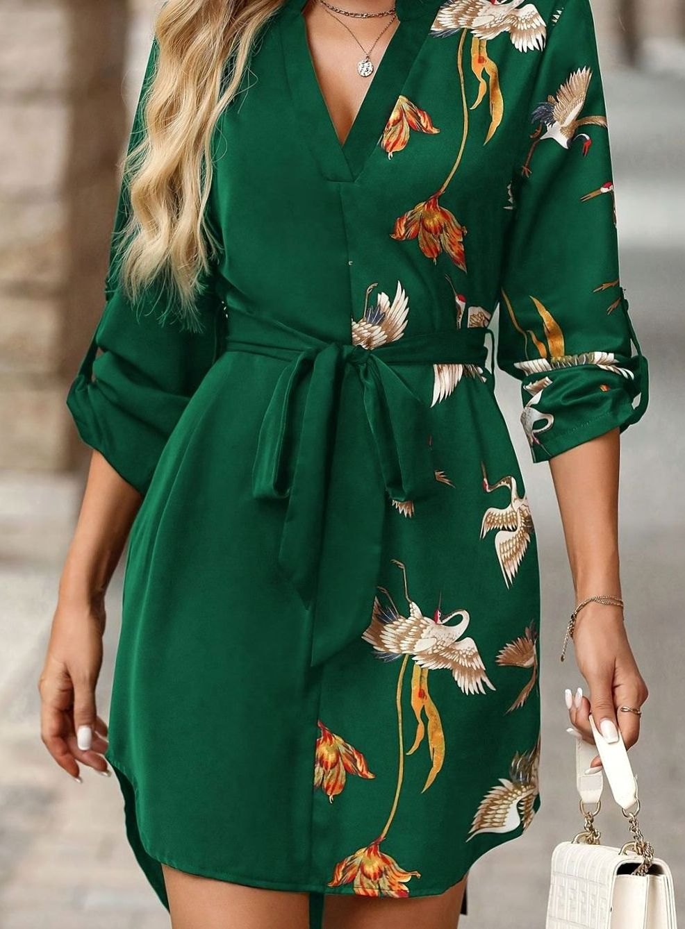 Women's Belted V-Neck Crane Print Mini Shirt Dress