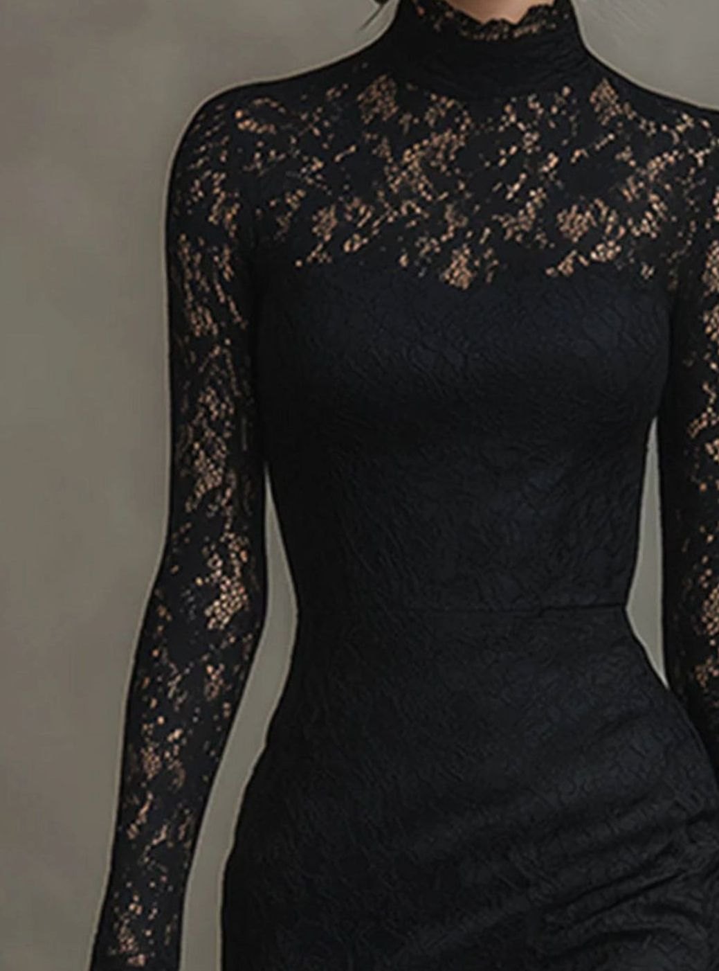 Women's Black Lace Long Sleeve Midi Wedding Guest Dress
